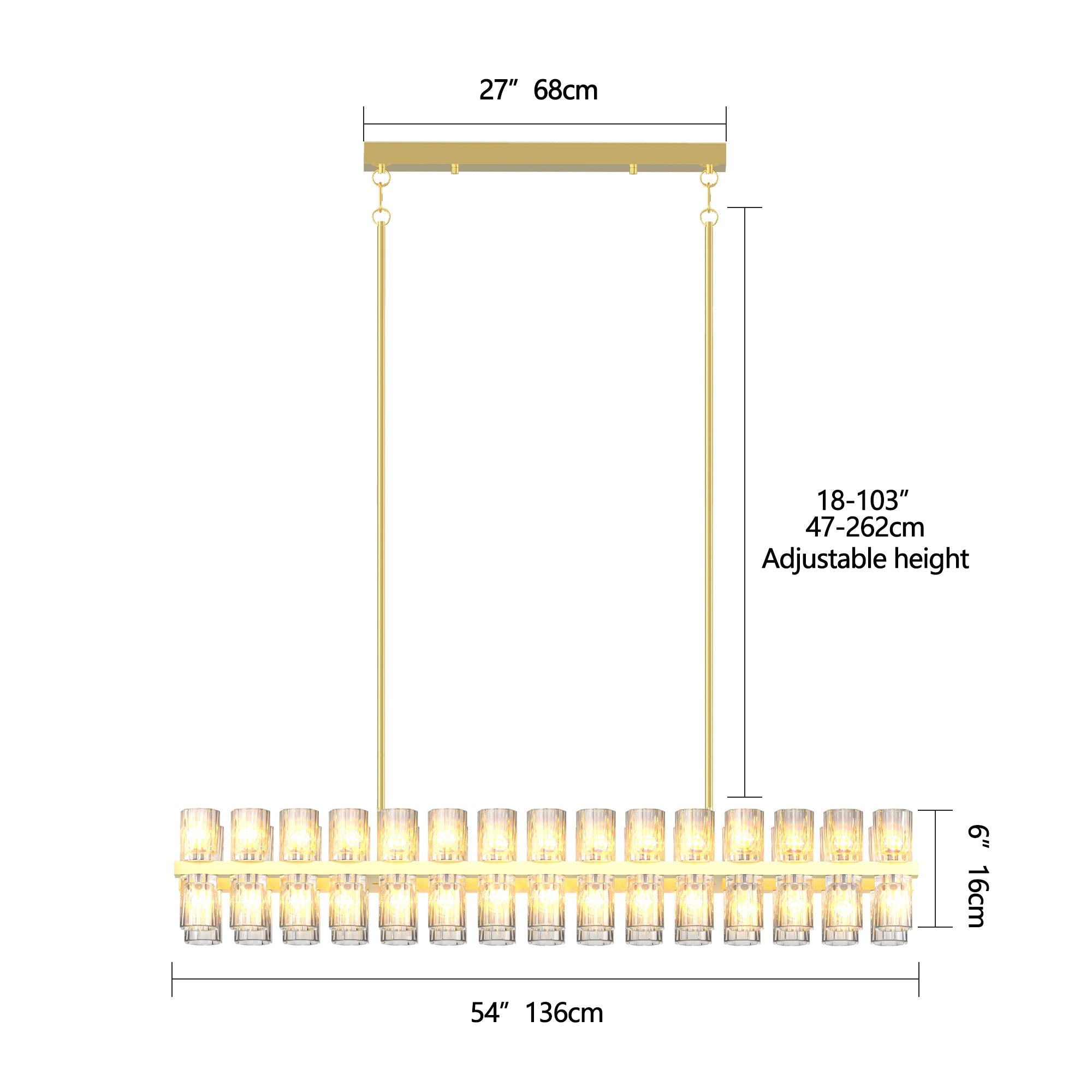 Crystal Brass Rectangle Chandeliers for Dining Room, 54in Gold