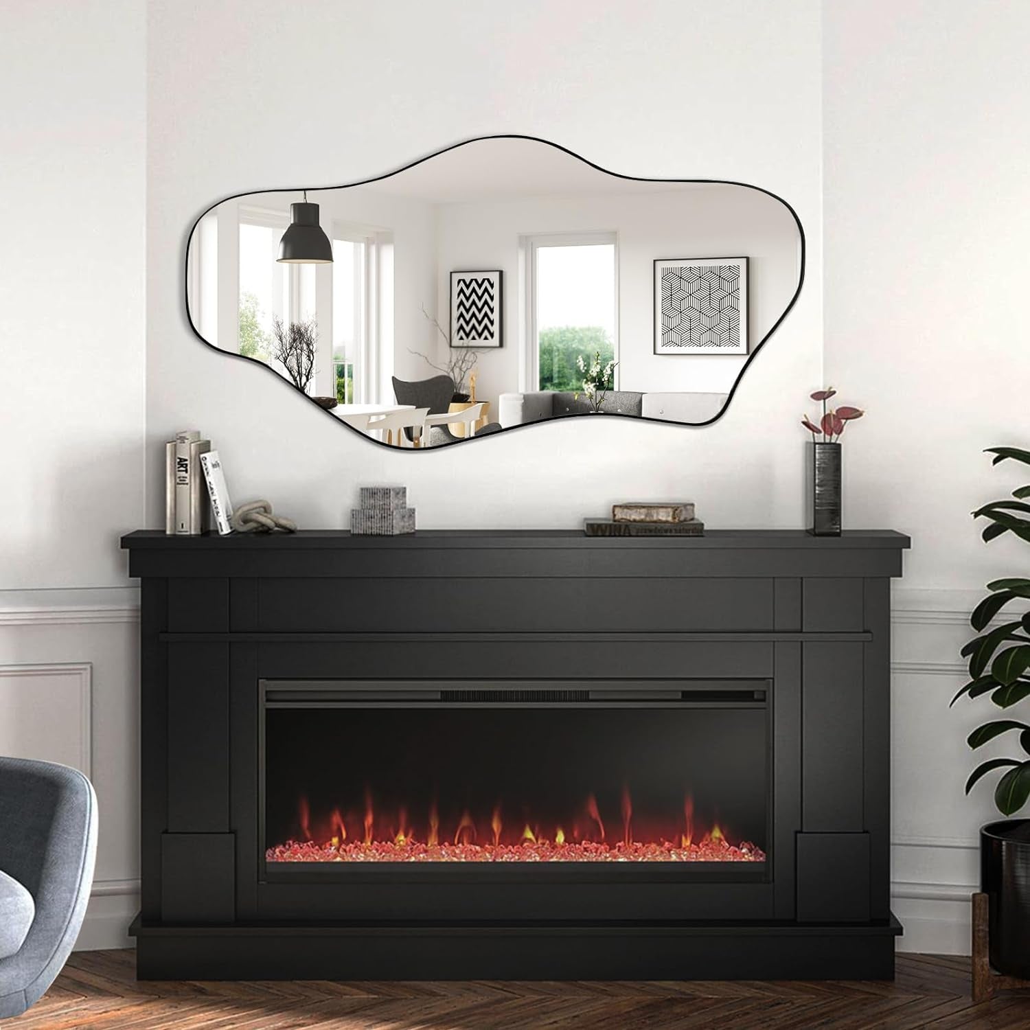 Large Black Irregular Mirror With Asymmetrical Frame
