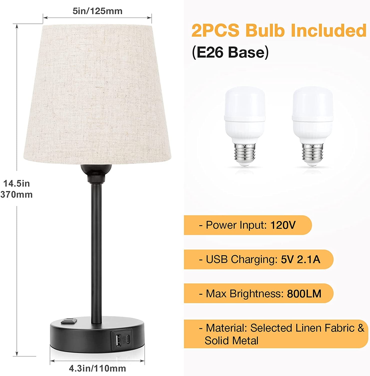 Set of 2 Mini Bedside Lamps With USB C And AC Outlets