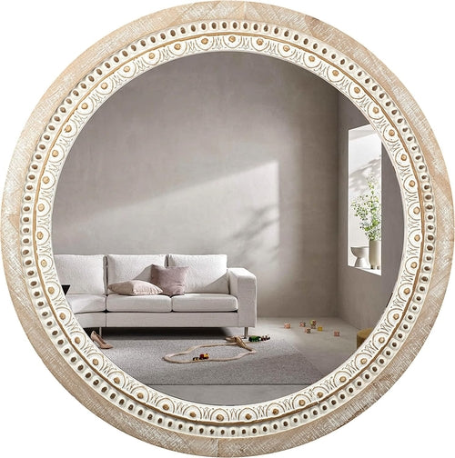 Farmhouse Rustic 30 Inch Wooden Round Mirror Wall Decor