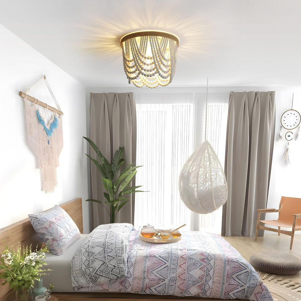 Three Light White Wood Bead Bohemian Chandelier Handmade