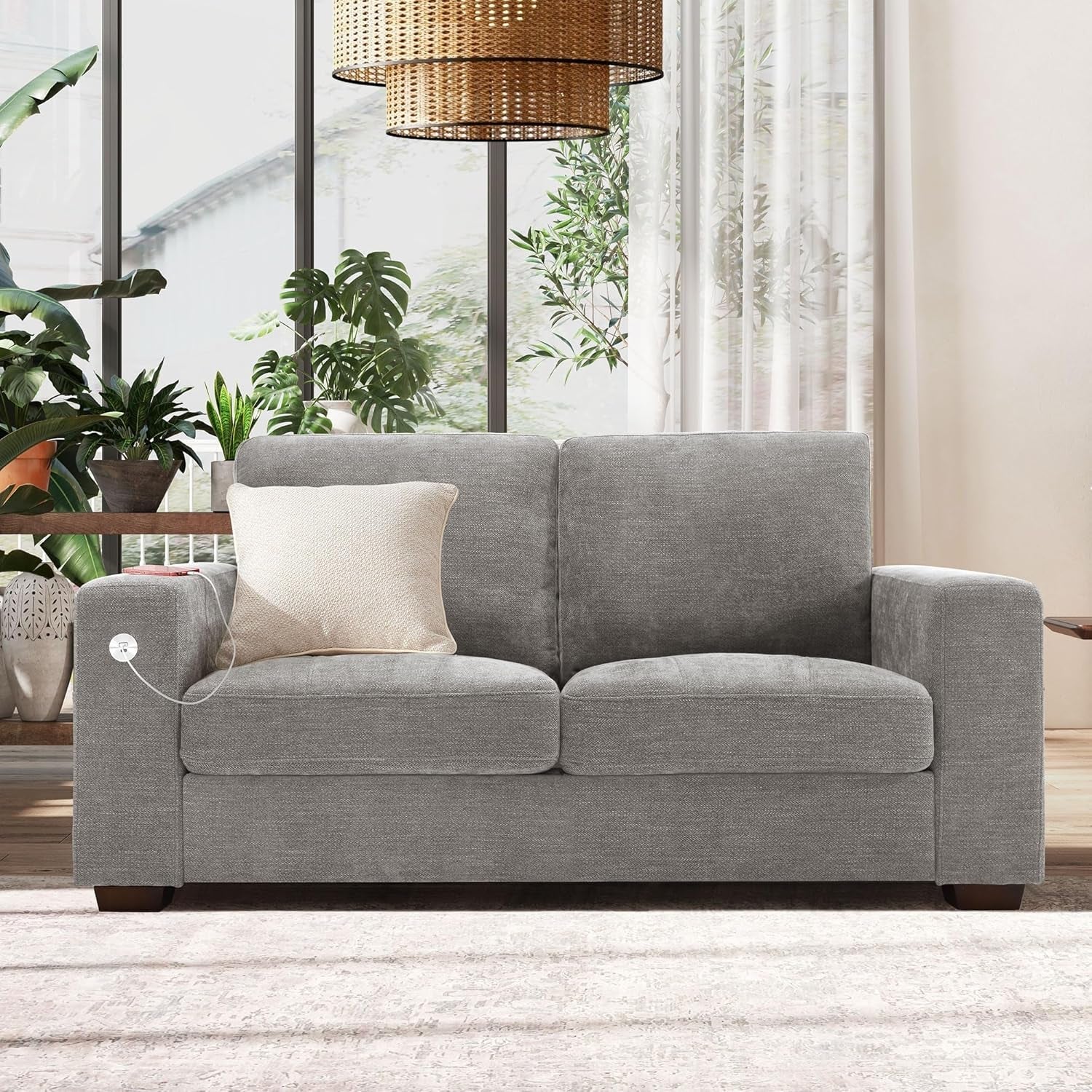 70 Inch Gray Chenille Loveseat With USB C Ports And Plush Cushions
