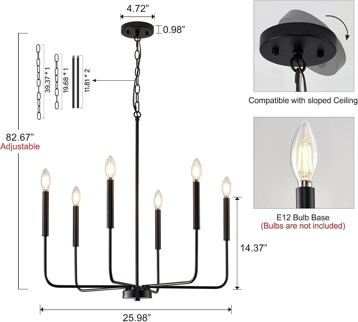 Modern Black 6 Light Chandelier Dining Farmhouse Pendant