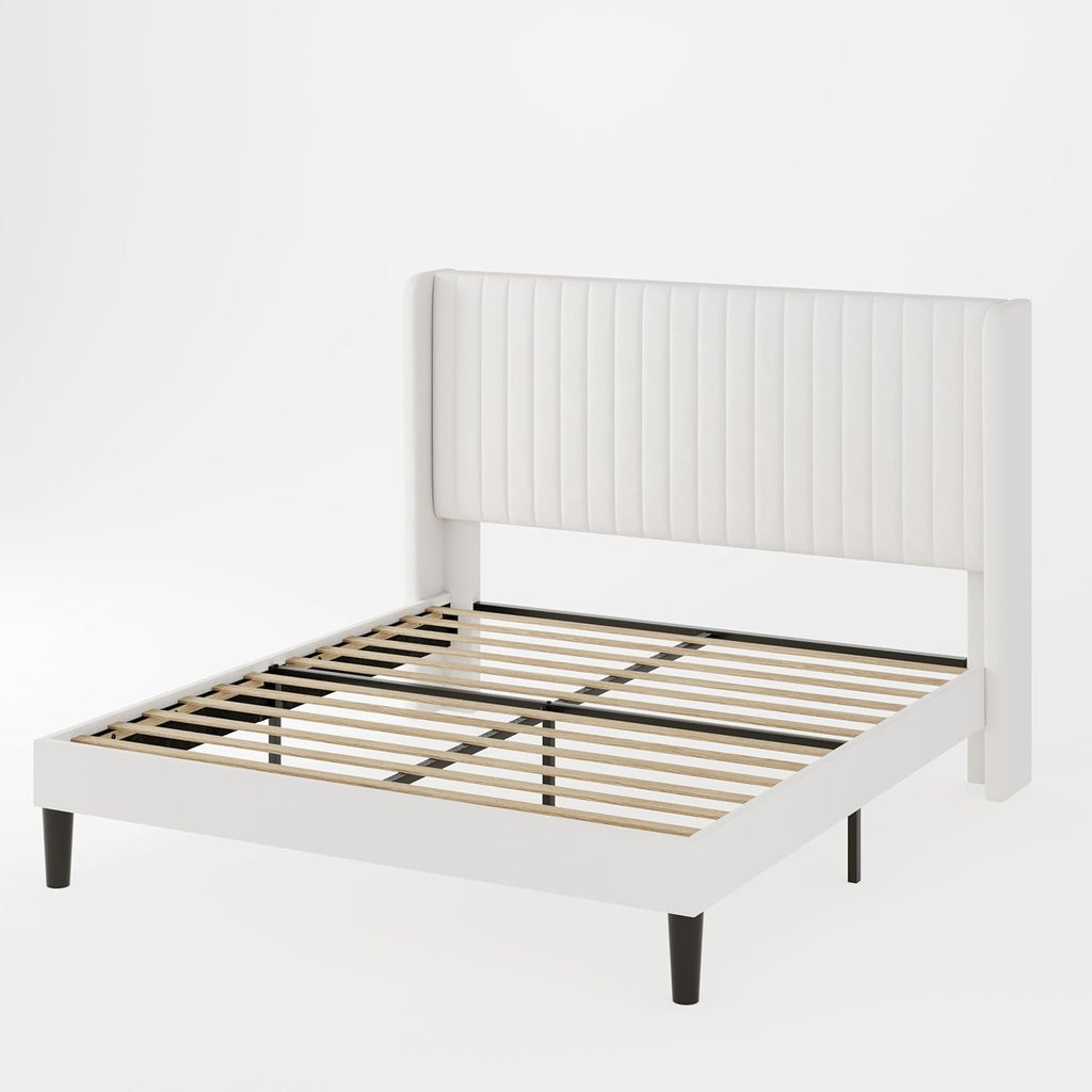 White Velvet Full Bed Frame With Wingback Tufted Headboard