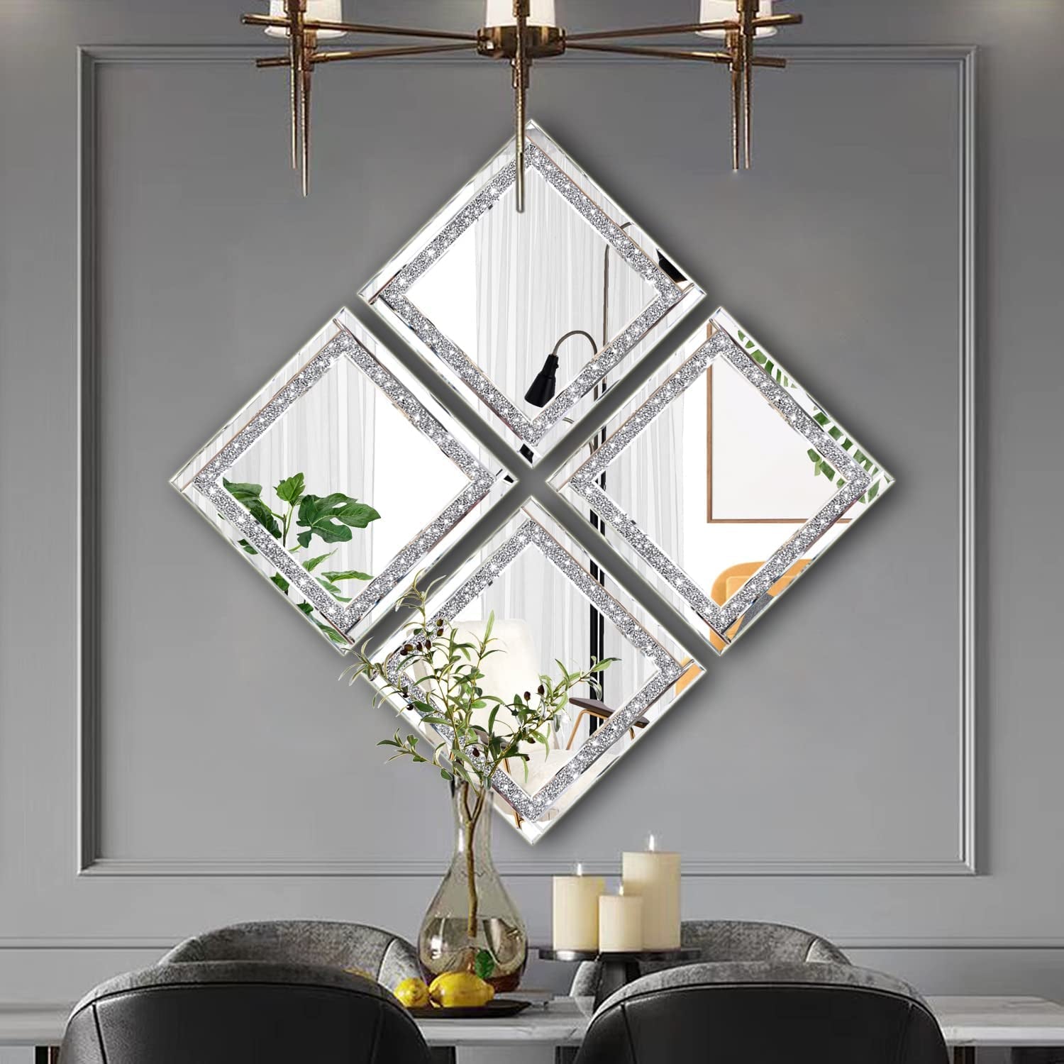 Crystal Crush Diamond Silver Mirror Set 12x12 Inch 2 Pieces
