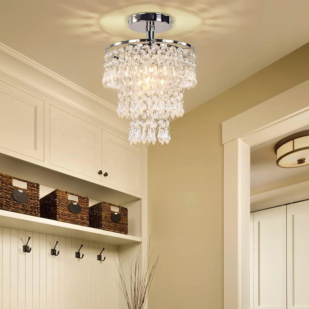 Small Chrome Crystal Chandelier 3 Tier Raindrop Ceiling Light