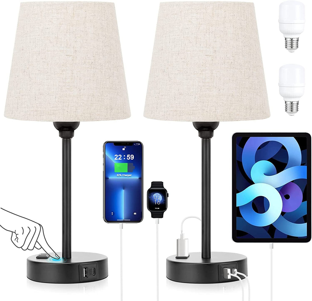 Set of 2 Mini Bedside Lamps With USB C And AC Outlets