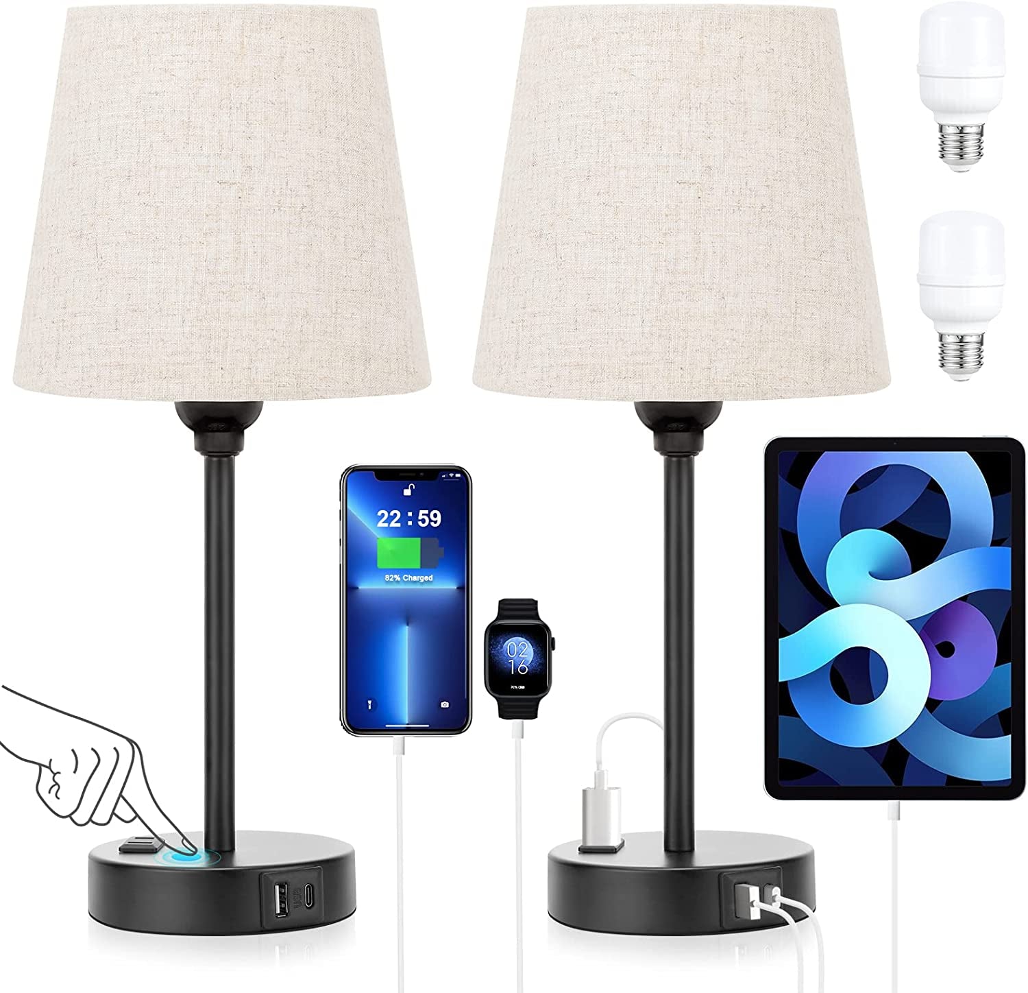 Set of 2 Mini Bedside Lamps With USB C And AC Outlets