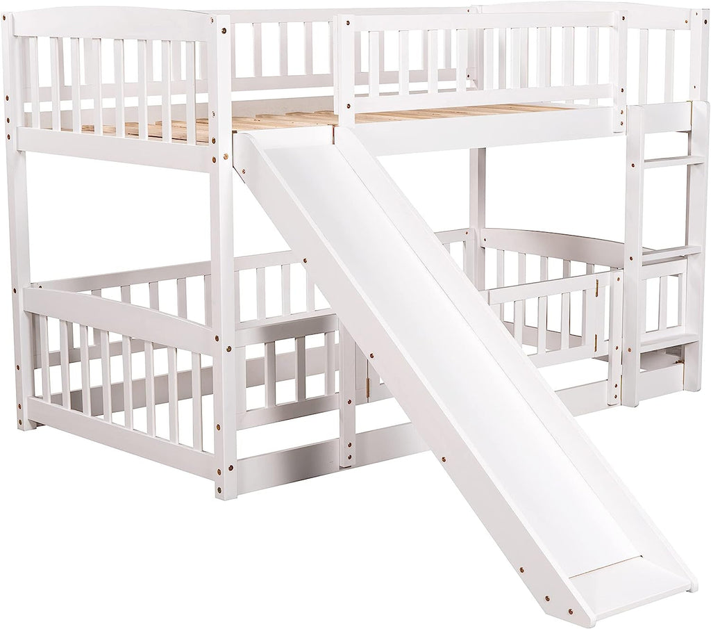Twin Low Bunk Bed With Openable Fence And Slide White