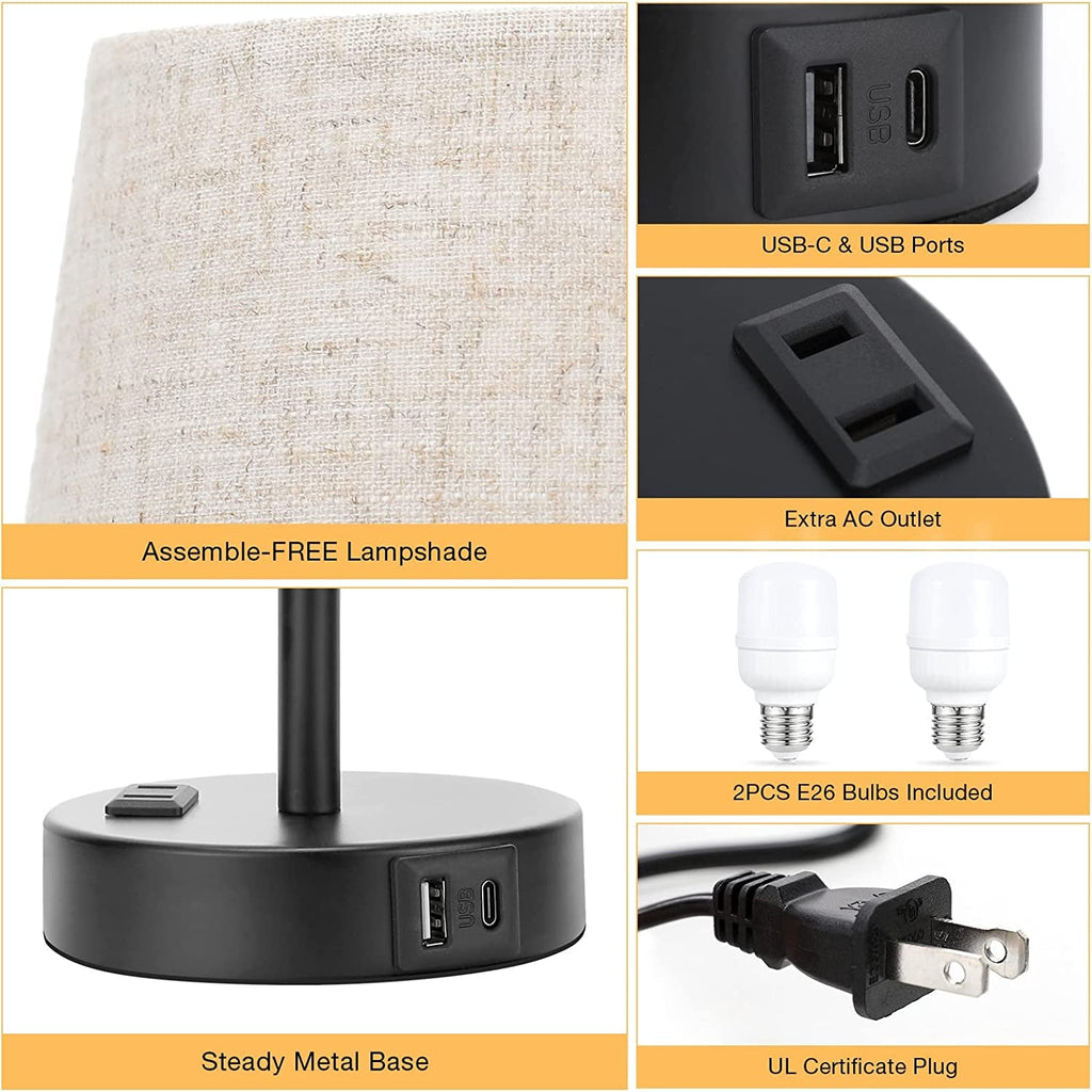 Set of 2 Mini Bedside Lamps With USB C And AC Outlets