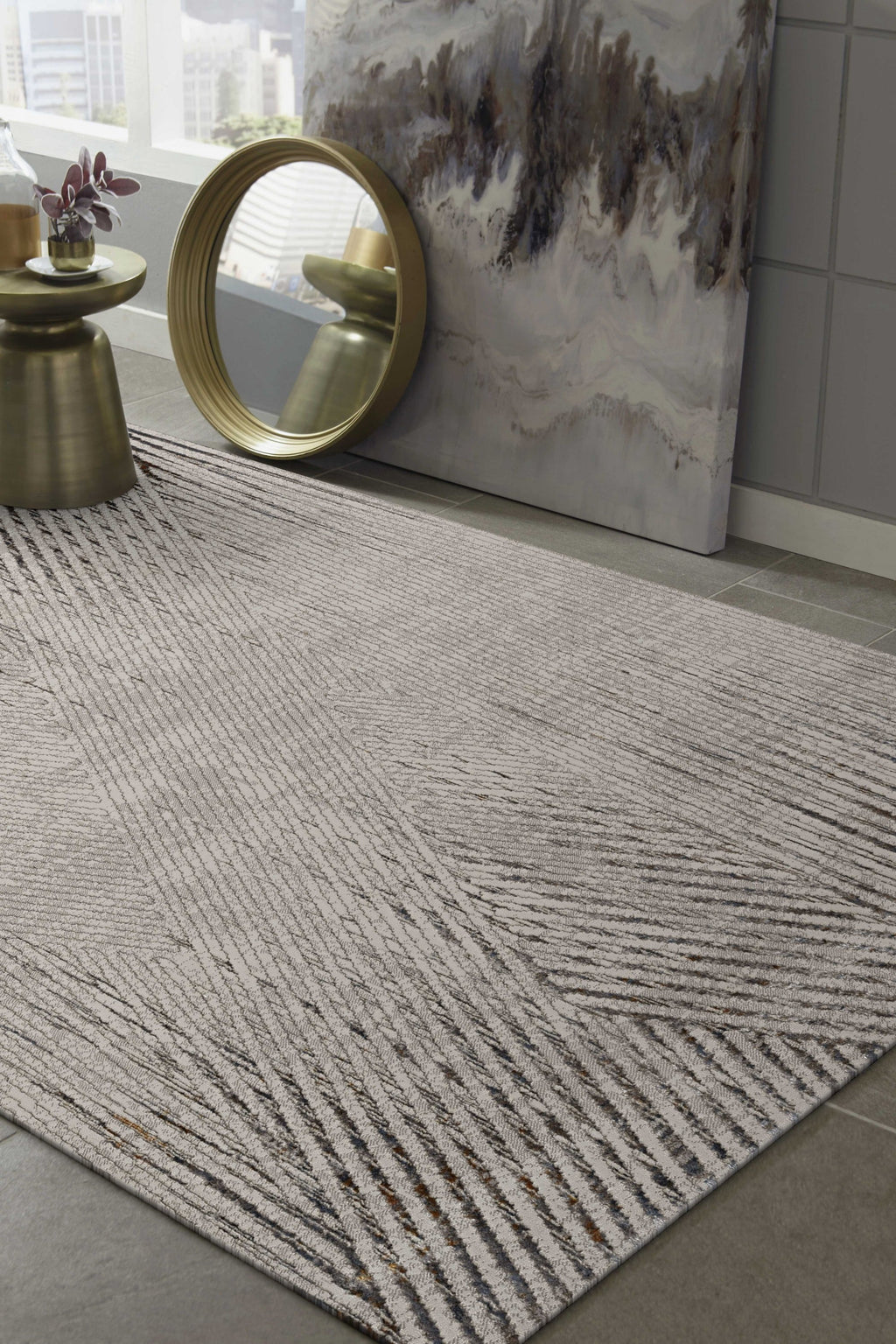 6inches x 9inches Ivory or Grey Faded Geometric Lines Indoor Area Rug
