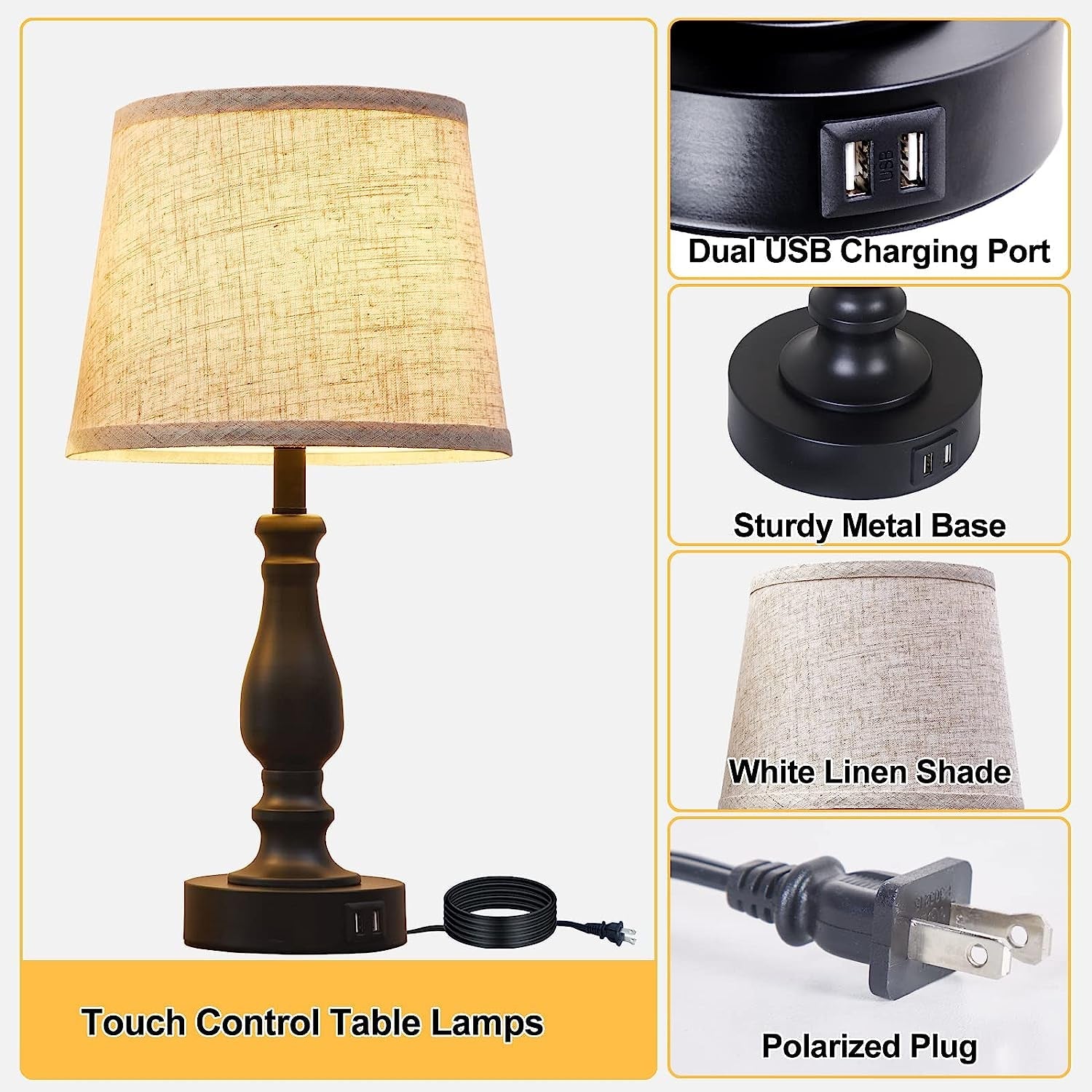 Bedside Table Lamps Set Of 2 With USB Ports And Dimmable