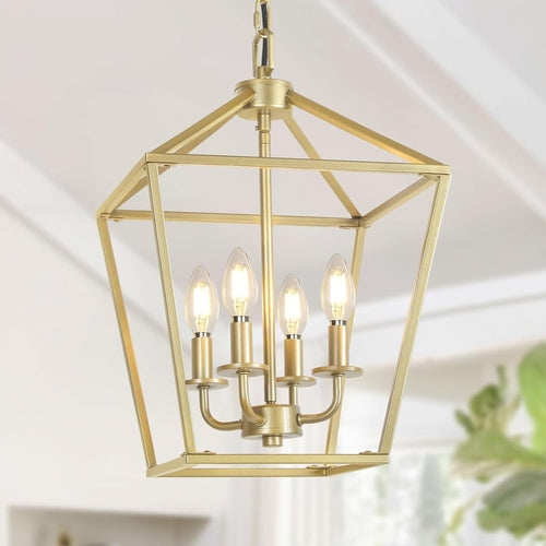 Industrial Gold Lantern Chandelier 4 Light Adjustable