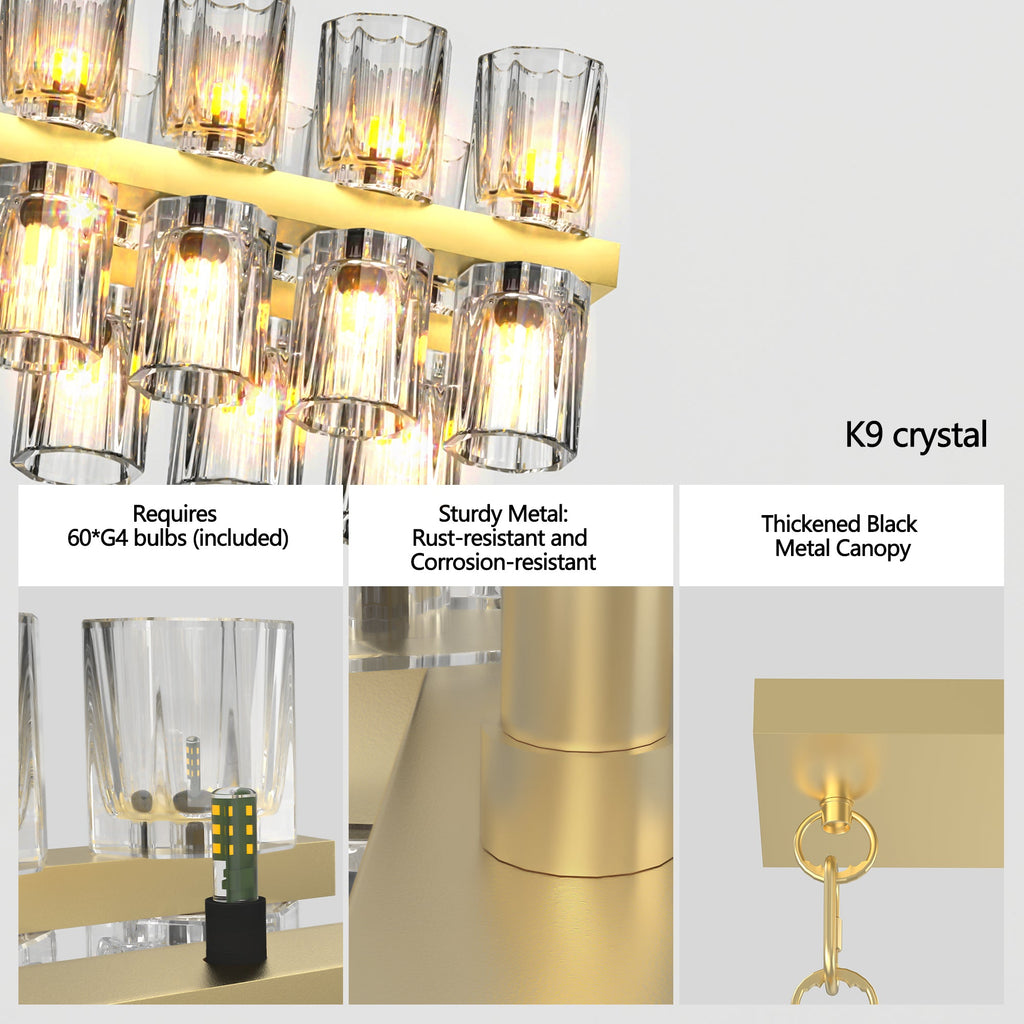 Crystal Brass Rectangle Chandeliers for Dining Room, 54in Gold