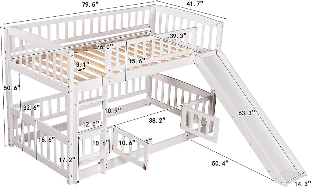 Twin Low Bunk Bed With Openable Fence And Slide White