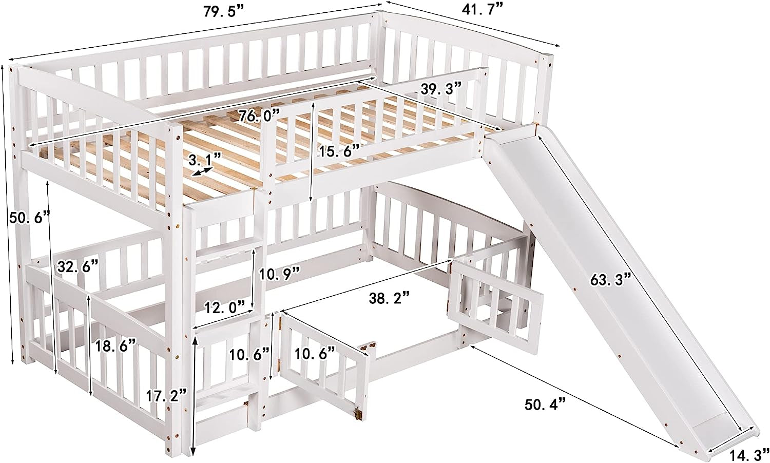 Twin Low Bunk Bed With Openable Fence And Slide White