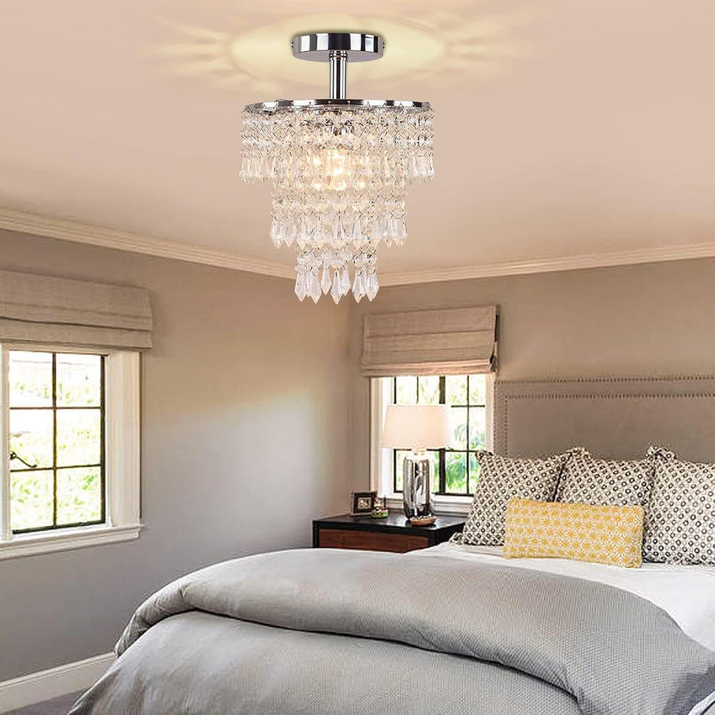 Small Chrome Crystal Chandelier 3 Tier Raindrop Ceiling Light