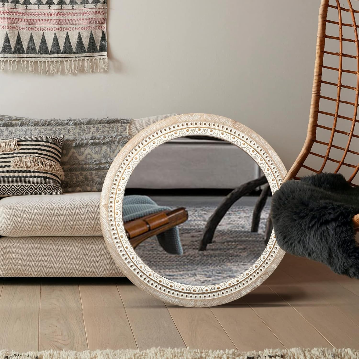 Farmhouse Rustic 30 Inch Wooden Round Mirror Wall Decor