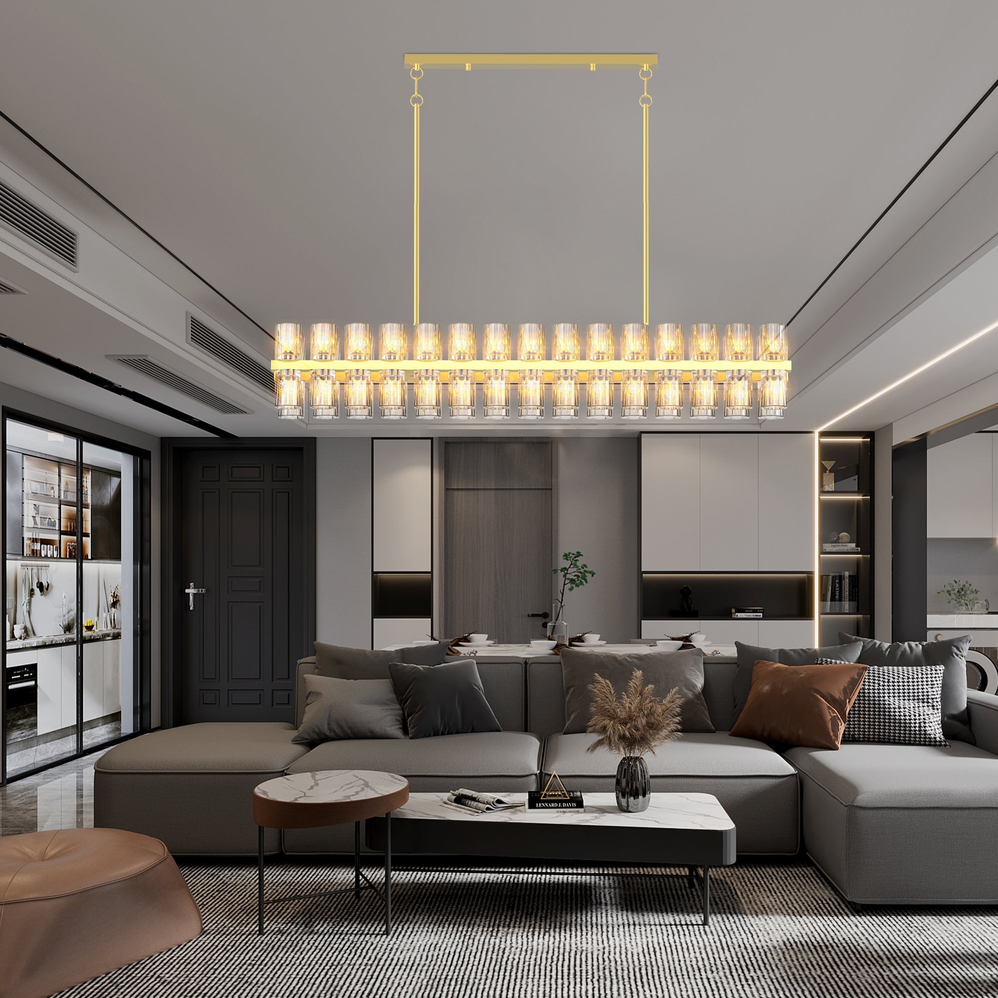 Crystal Brass Rectangle Chandeliers for Dining Room, 54in Gold