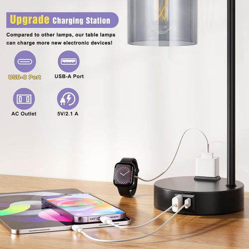 3-Way Dimmable USB Table Lamps With Gray Glass Shade Pair