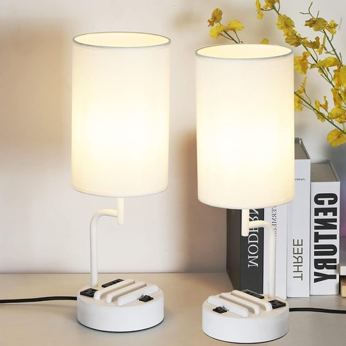 Table Lamp With 3 USB Ports White Finish For Home Office