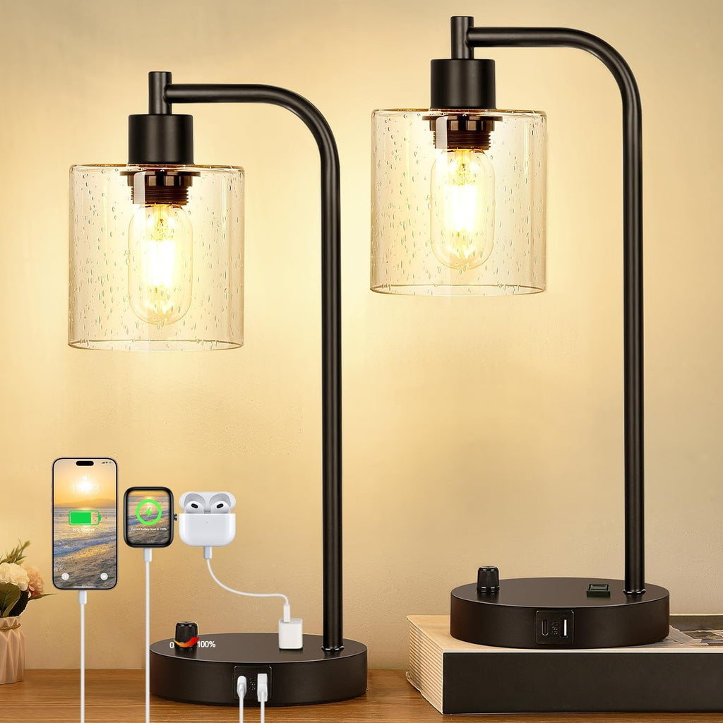 Set Of 2 Industrial Table Lamps With USB Ports And Stepless Dimming