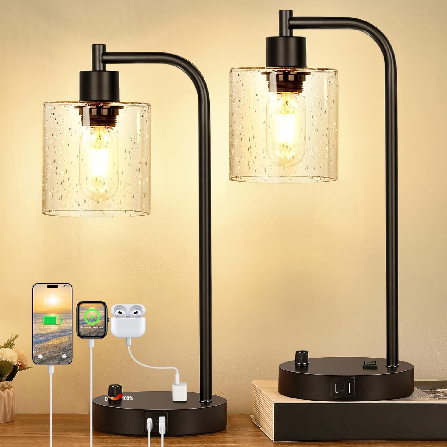 Set Of 2 Industrial Table Lamps With USB Ports And Stepless Dimming