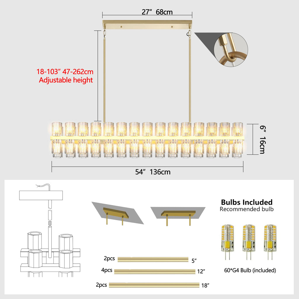 Crystal Brass Rectangle Chandeliers for Dining Room, 54in Gold