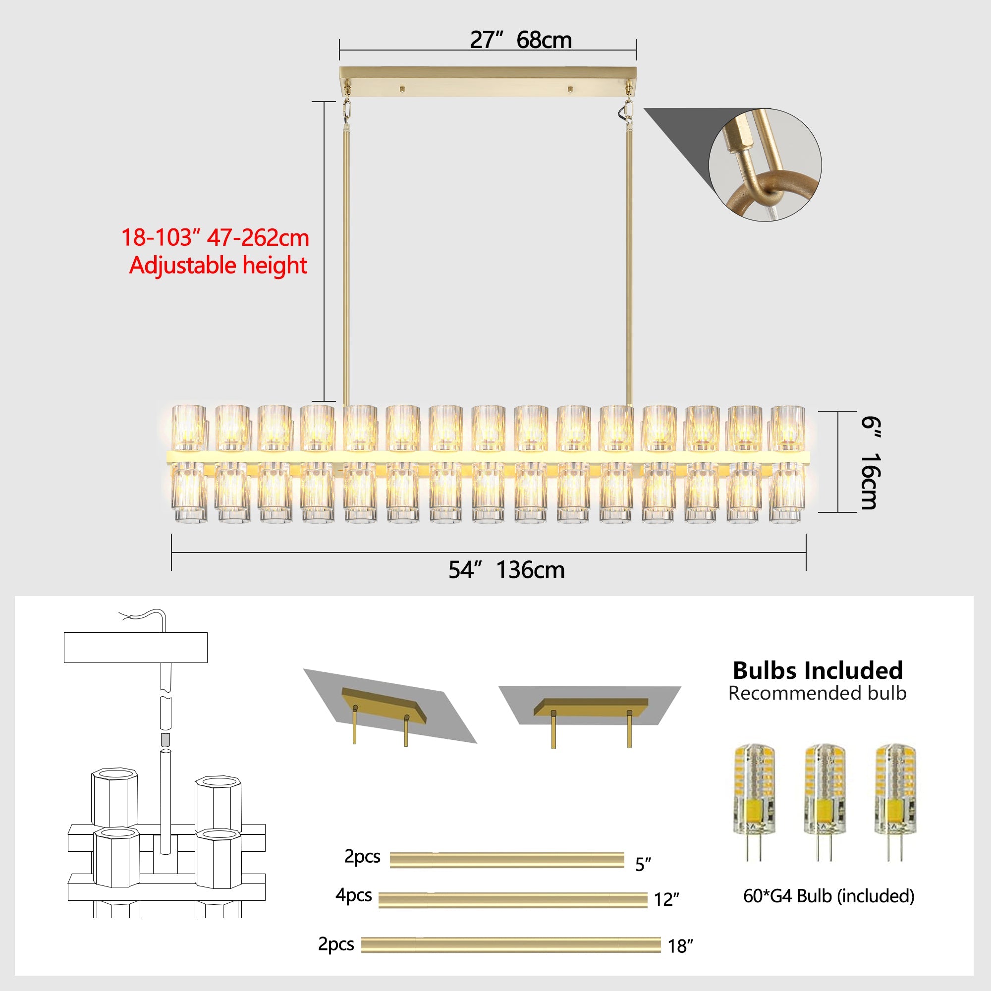 Crystal Brass Rectangle Chandeliers for Dining Room, 54in Gold