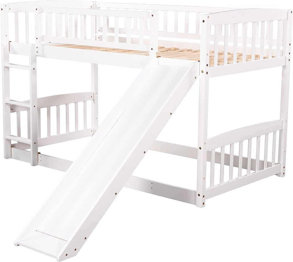Twin Low Bunk Bed With Openable Fence And Slide White