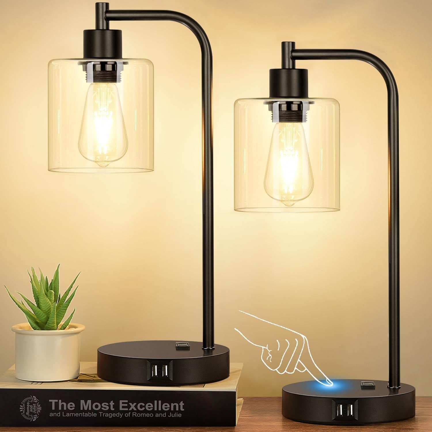Black Industrial Touch Control Table Lamps With USB Ports