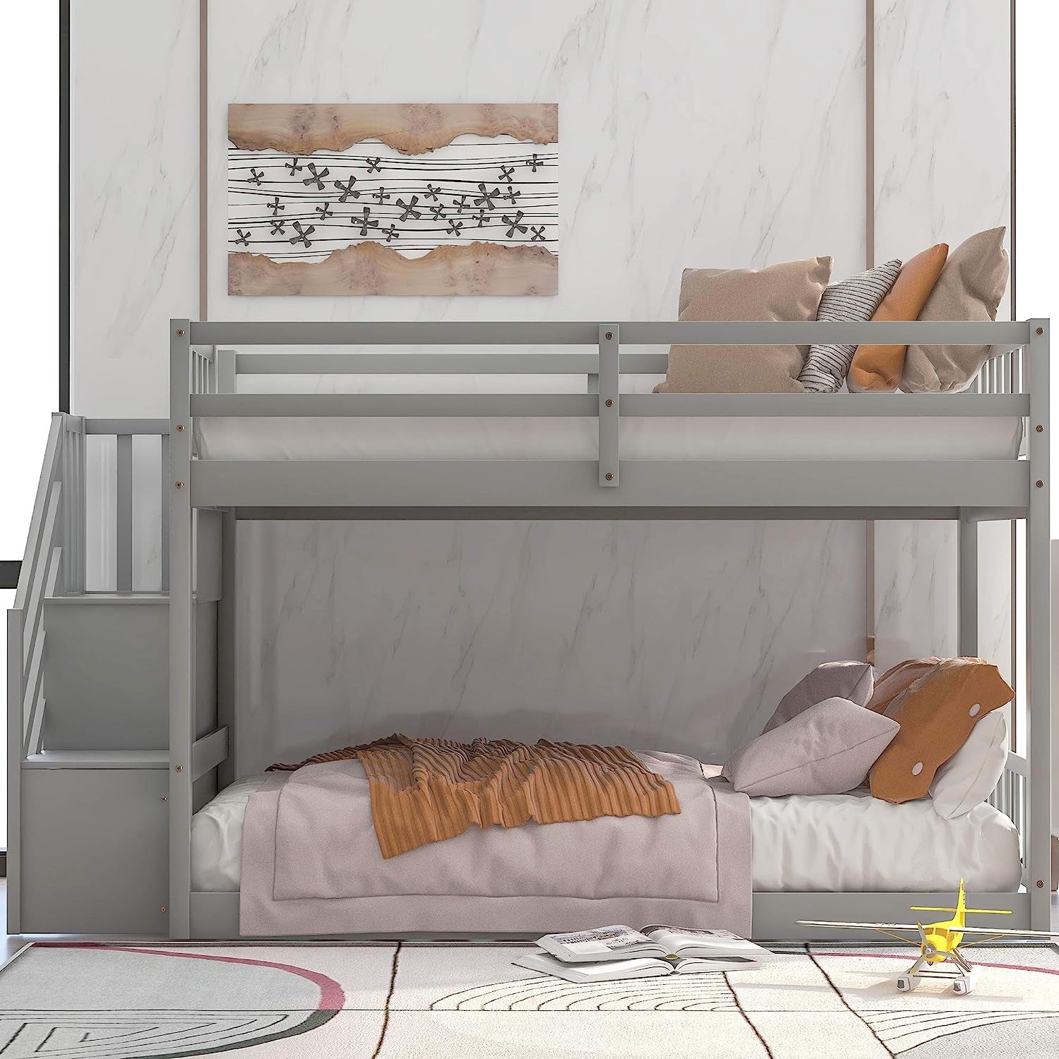 Twin Over Twin Low Bunk Bed With Storage Stairs Grey Wood