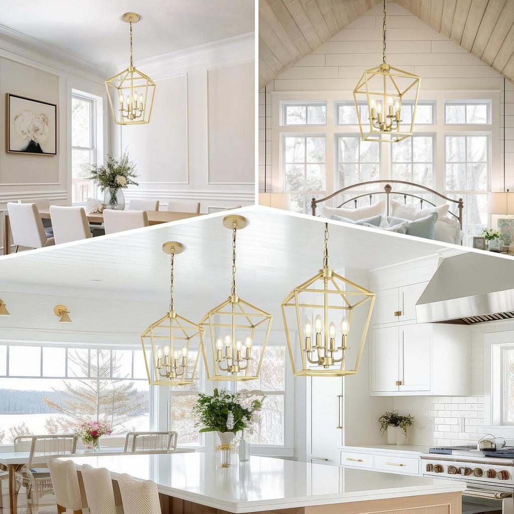 Industrial Gold Lantern Chandelier 4 Light Adjustable