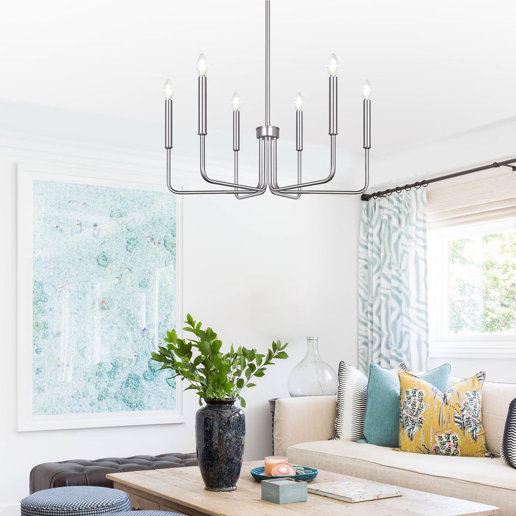 6 Light Brushed Nickel Farmhouse Chandelier For Dining Room
