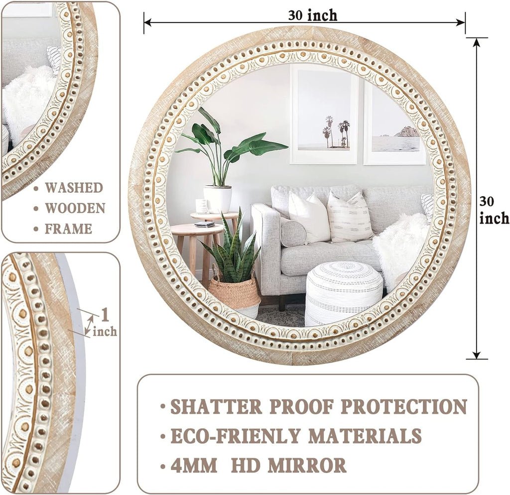 Farmhouse Rustic 30 Inch Wooden Round Mirror Wall Decor
