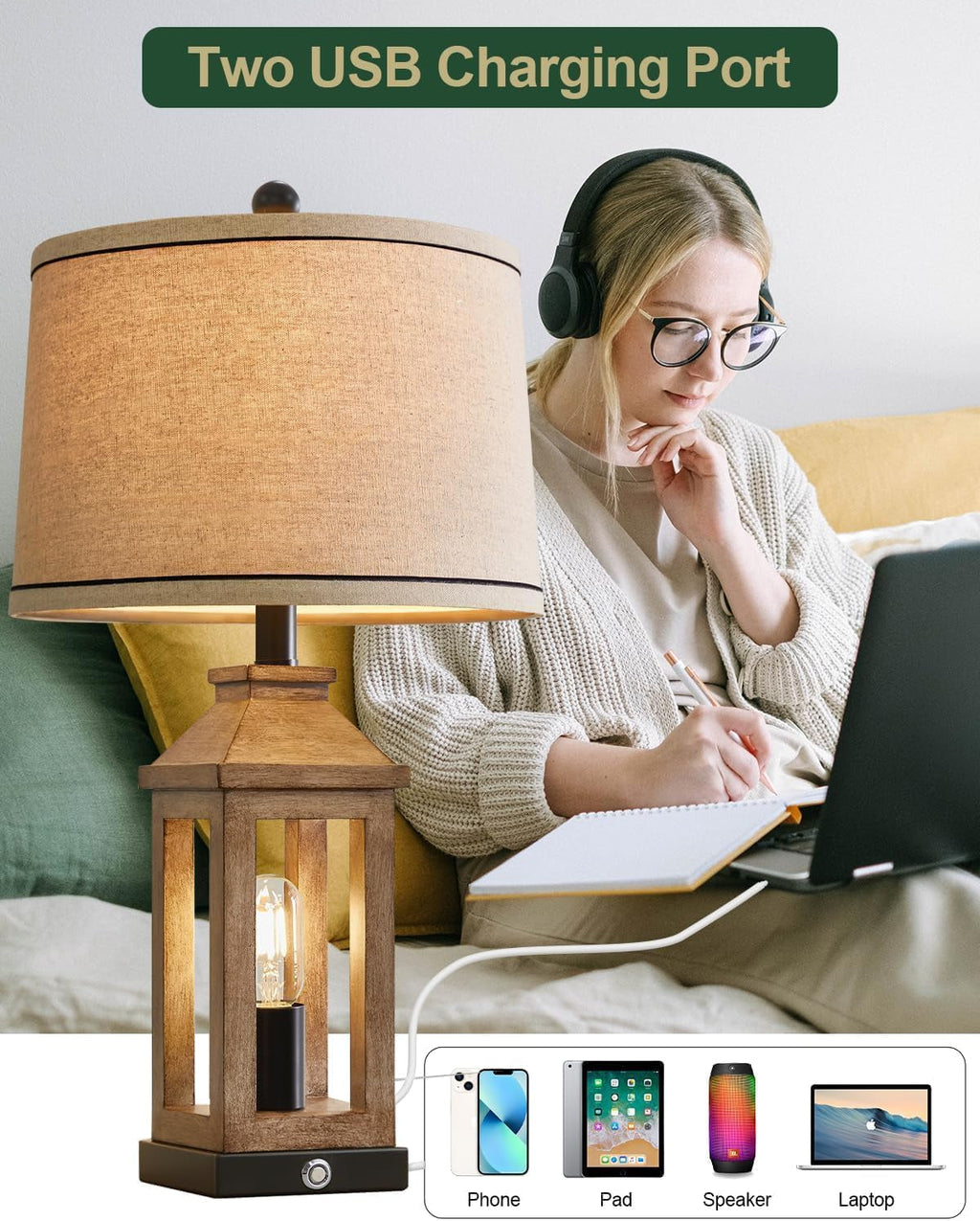 Farmhouse Touch Table Lamps Set of 2 Dimmable USB Ports