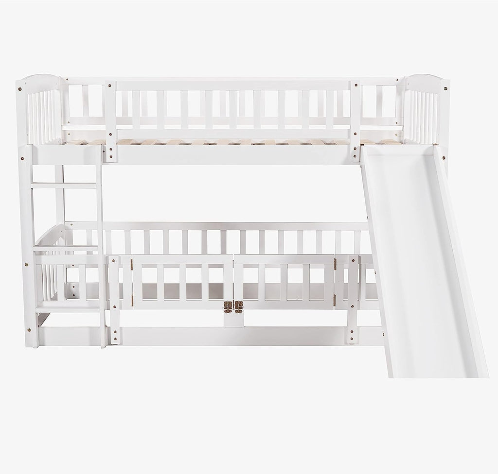 Twin Low Bunk Bed With Openable Fence And Slide White
