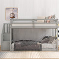 Twin Over Twin Low Bunk Bed With Storage Stairs Grey Wood