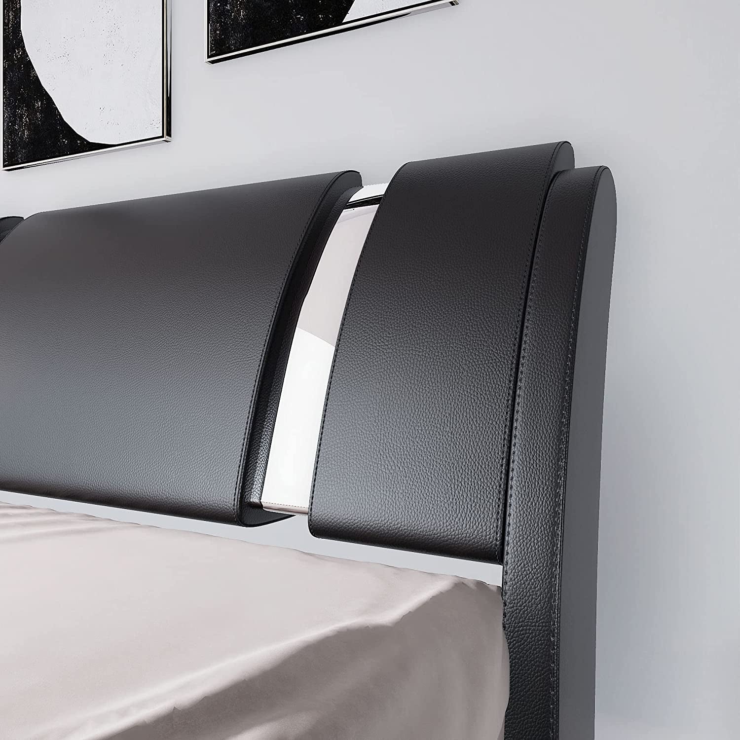 Black King Faux Leather Platform Bed Adjustable Headboard