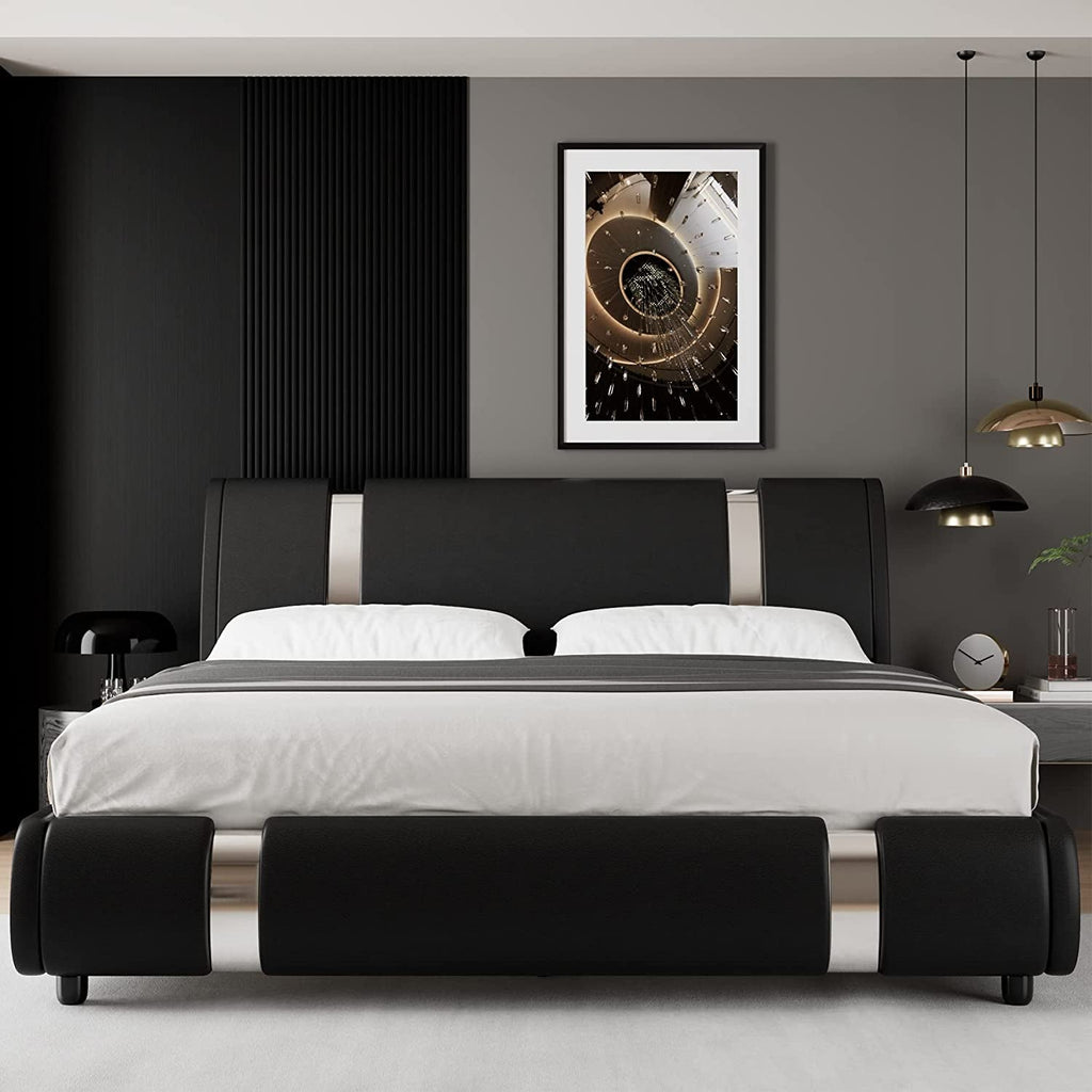 Queen Faux Leather Bed Frame With Adjustable Headboard