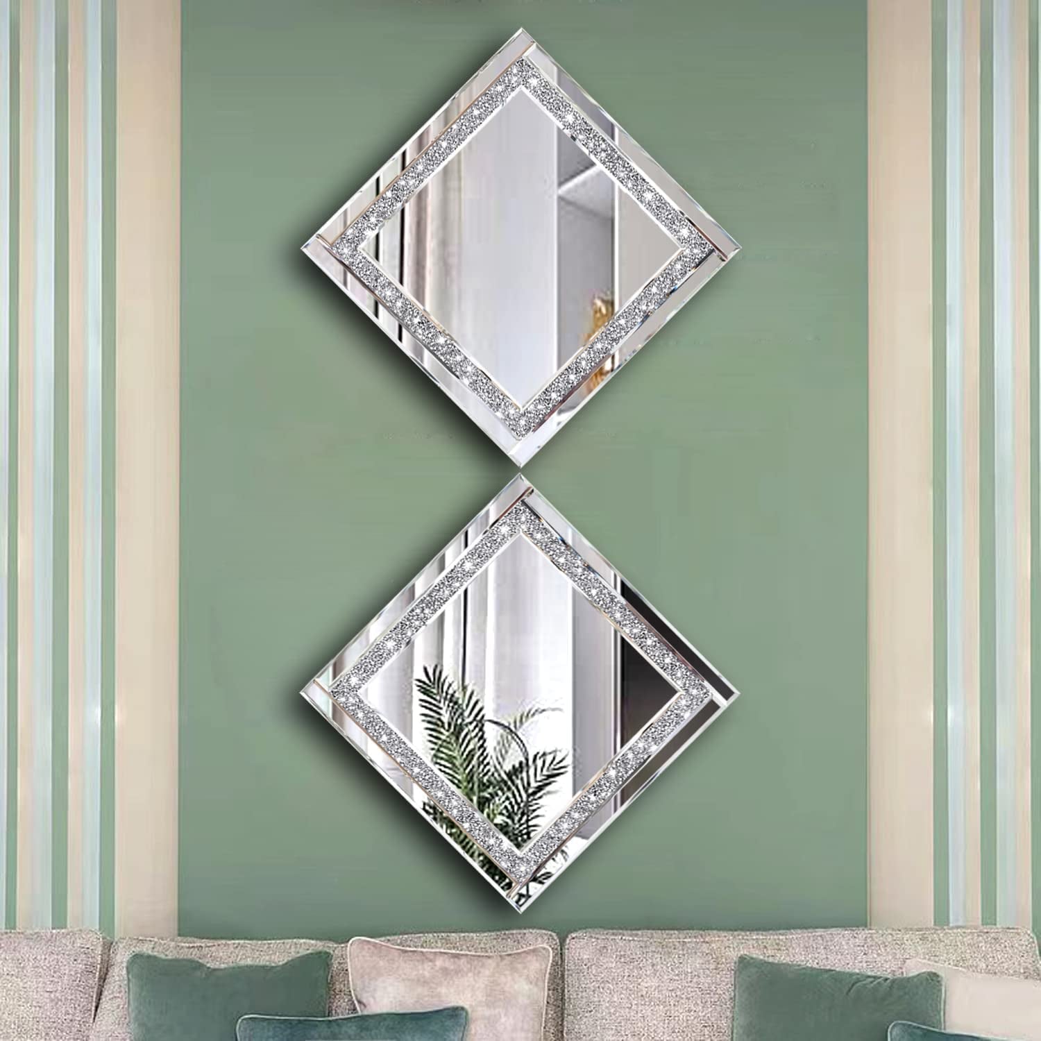 Crystal Crush Diamond Silver Mirror Set 12x12 Inch 2 Pieces