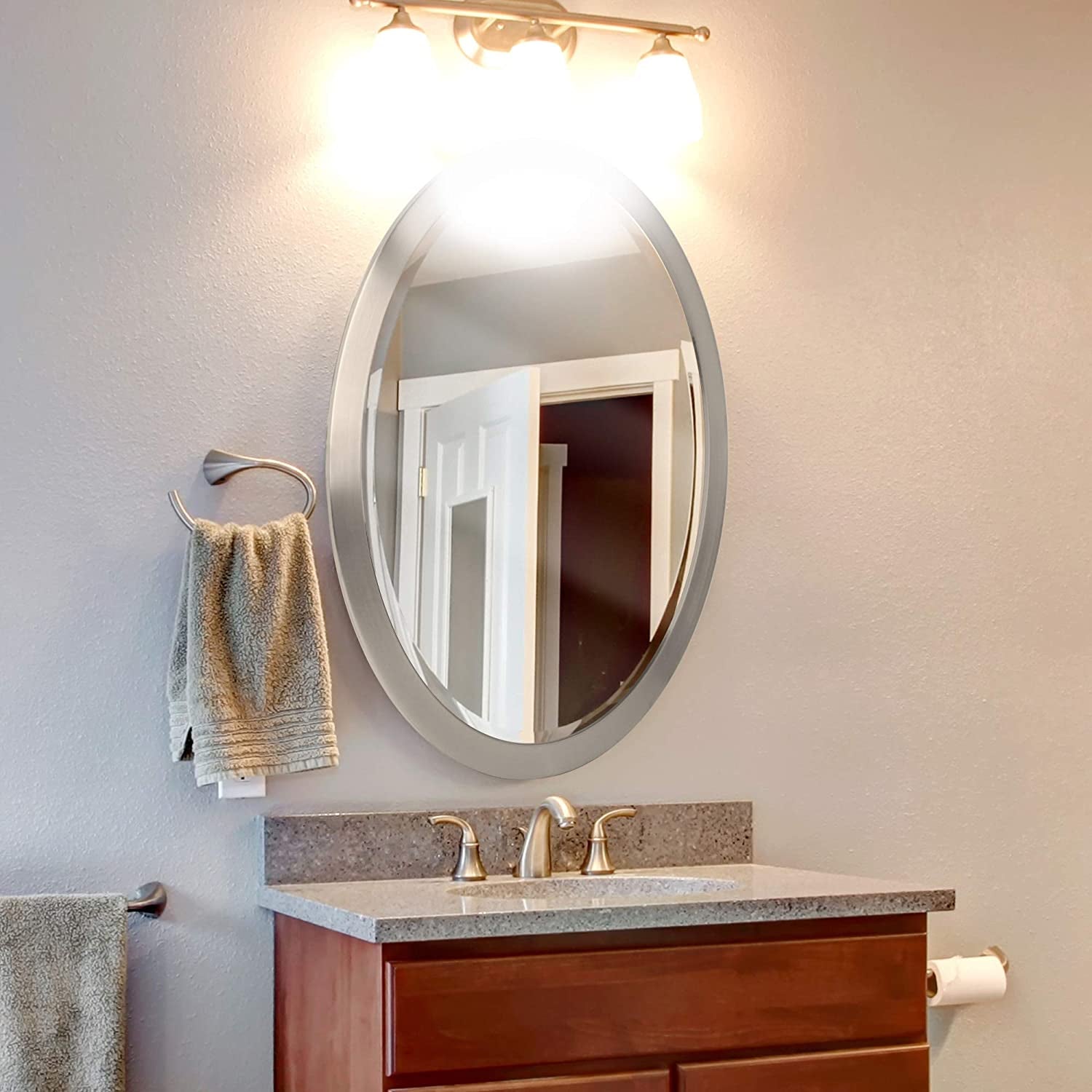 Brushed Nickel Oval Framed Vanity Mirror Beveled Edge