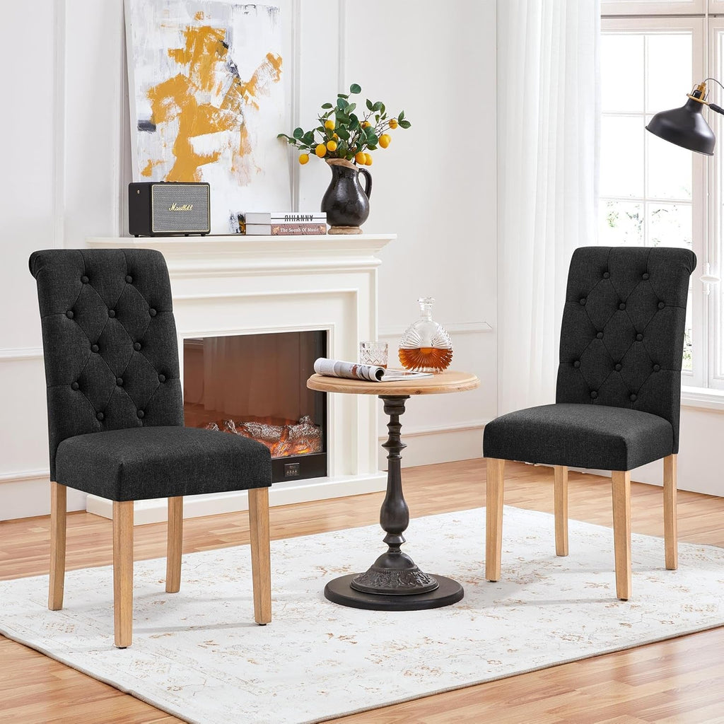 Tufted Upholstered Dining Chair Pair With Solid Wood Legs Black