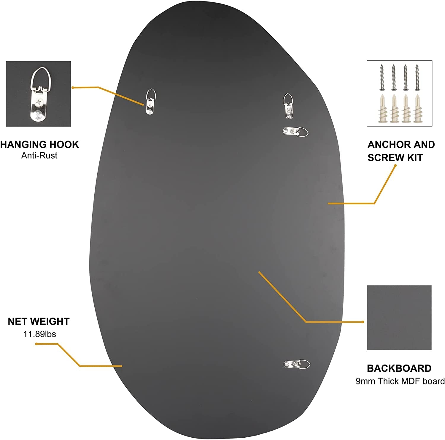 Asymmetrical Frameless Wall Mirror For Living Room 19.5 x 33.5 Inches
