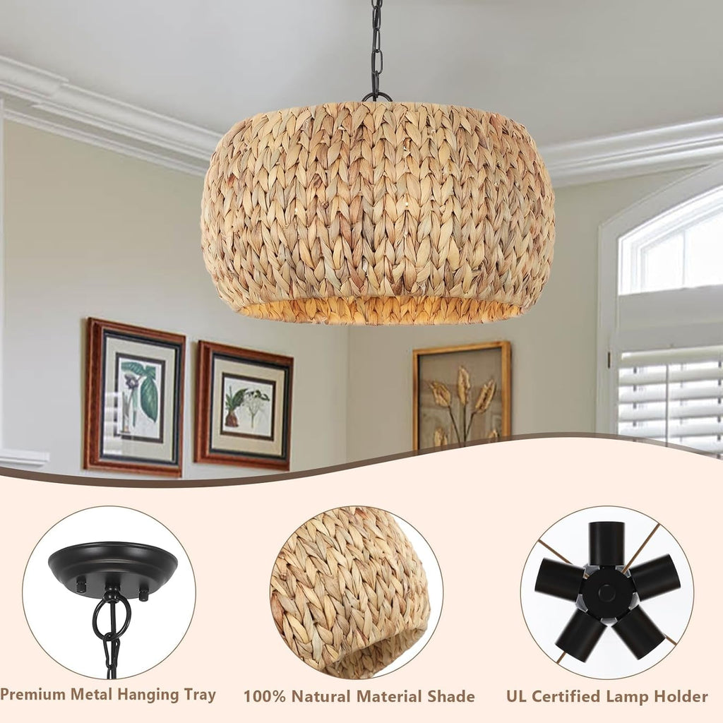 5 Light Farmhouse Rattan Chandelier Natural Water Hyacinth Shade