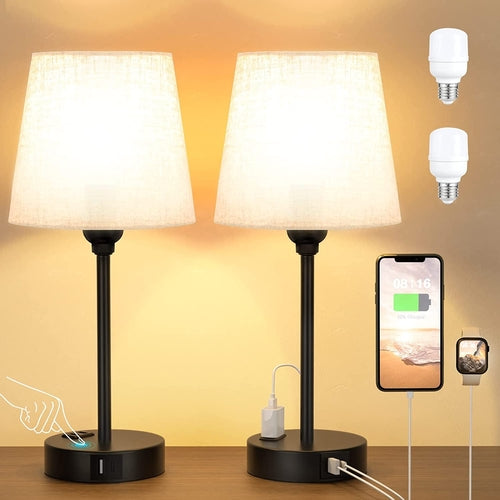 Set of 2 Mini Bedside Lamps With USB C And AC Outlets