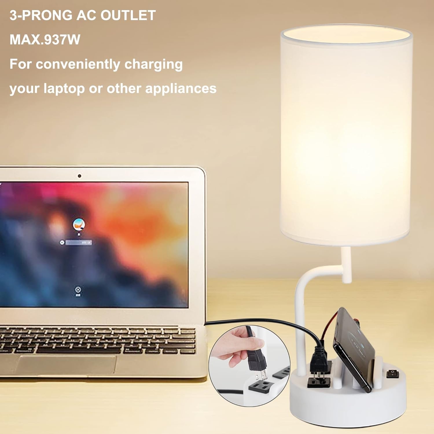 Table Lamp With 3 USB Ports White Finish For Home Office