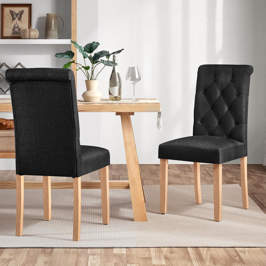 Tufted Upholstered Dining Chair Pair With Solid Wood Legs Black