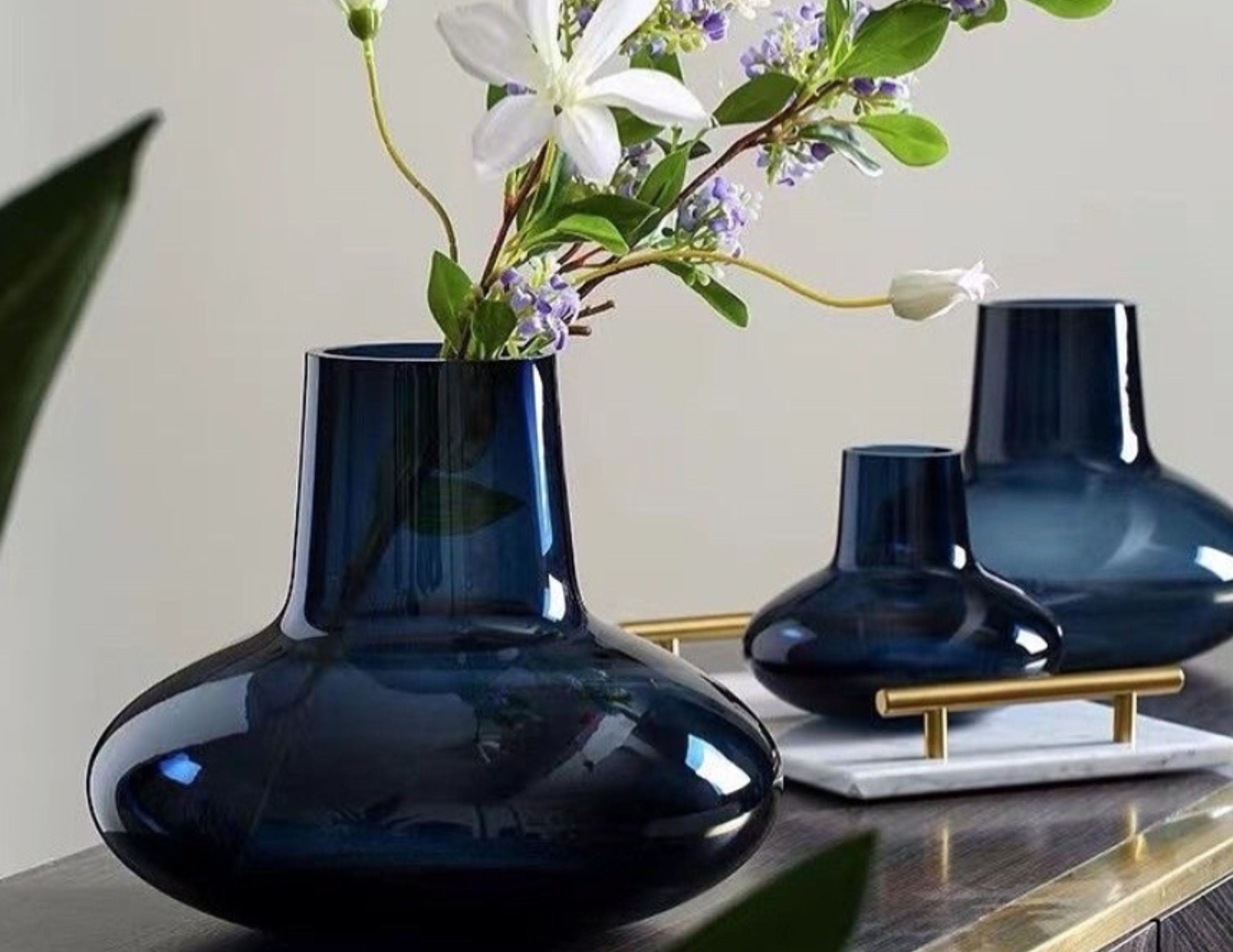 Set of 3 Art Deco Inspired Hand Blown Glass Vases in an Array of