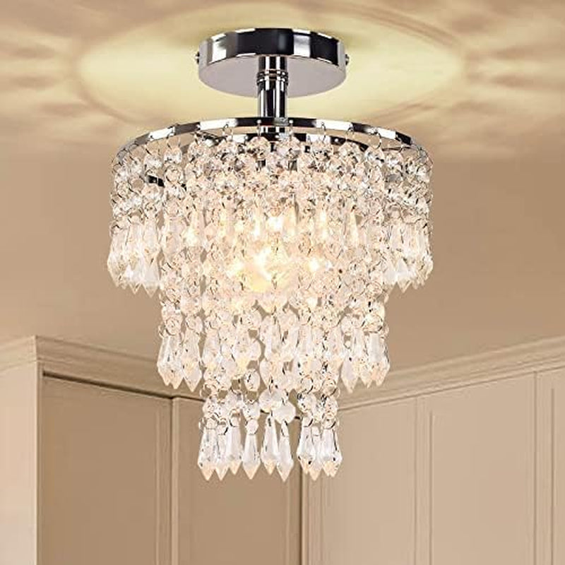 Small Chrome Crystal Chandelier 3 Tier Raindrop Ceiling Light